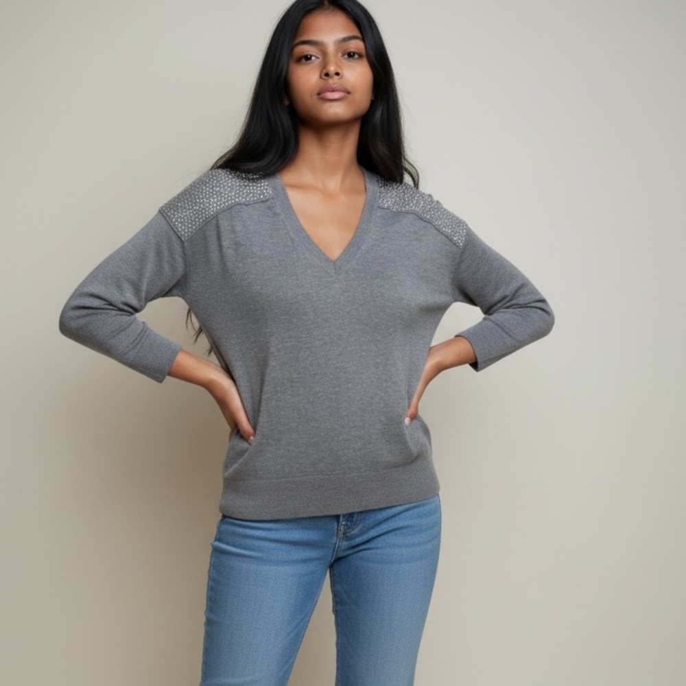 Michael Kors Gray V-Neck Rhinestone Shoulder Sweater Top Size Small
